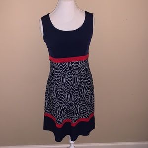 Enfocus Studio navy white and red sleeveless abstract dress